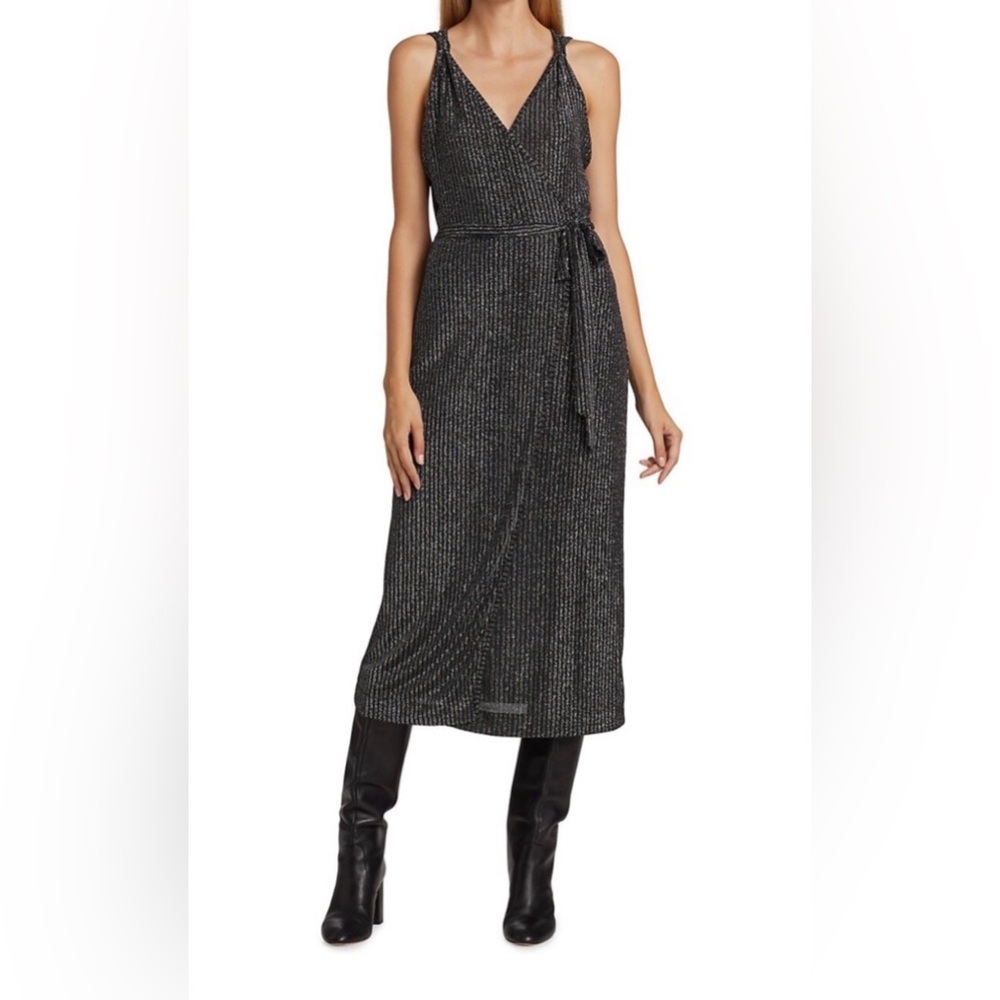 PAIGE Black Metallic Ribbed Wrap Midi Dress